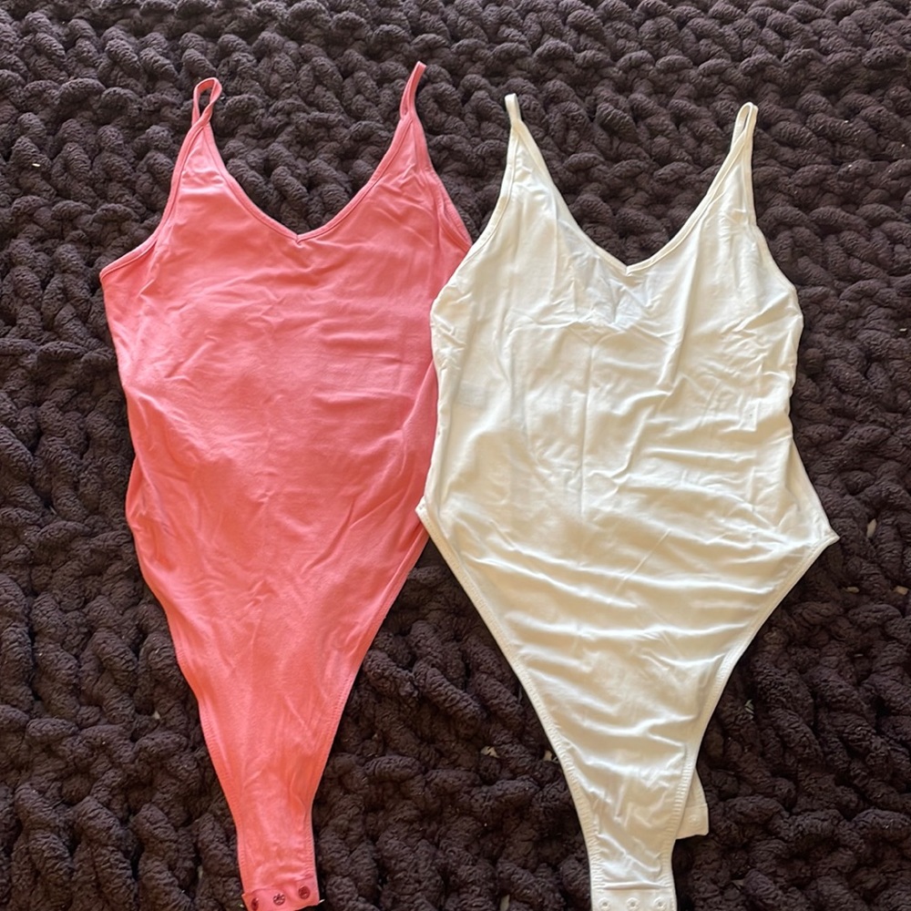 Pink and White spaghetti strap V-neck bodysuits